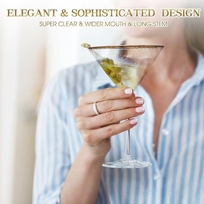 Yaschmo Martini Glasses Set of 2, Gold Rim Hand-Blown Crystal Cocktail Glasses, 10oz Large Martini Glasses for Espresso, Cosmopolitan, Gimlet, Elegant Barware Gift for for Women, Men, Any Occasion
