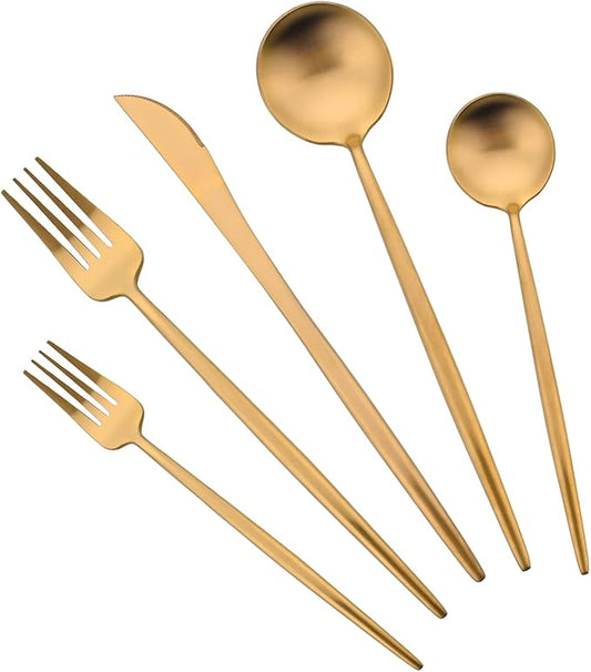 Flatware Set 18/10 Stainless Steel Matte Gold - Kitchen Utensil Serving Set of Dinner Fork Knife Spoons Salad Fork Dessert Spoon,5 Piece Set of 1, for Home Kitchen Restaurant Hotel