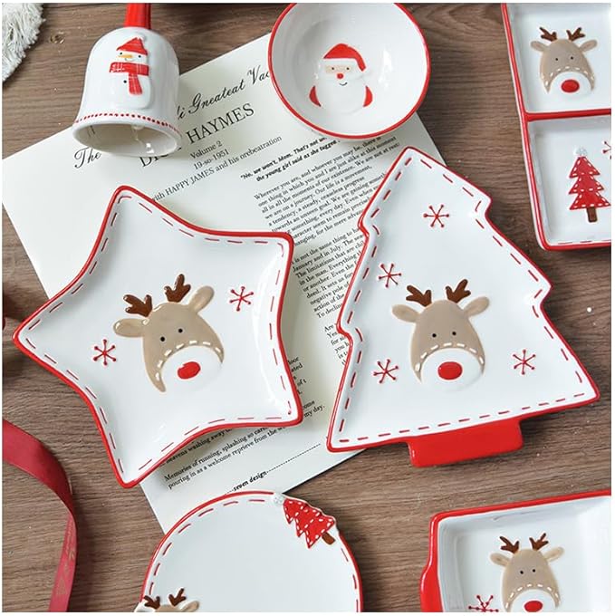 Christmas Ceramic Appetizer Plates for Tapas, Salad, Appetizer, Dishwasher Safe, Microwave Safe, Freezer Safe (Square plate 22.1 * 20.1 * 2.6cm)