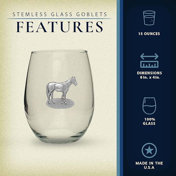 Heritage Pewter Racehorse Stemless Glass Goblets – Set of 2 | 15 OZ Goblet Wine Glasses | Expertly Crafted Pewter Glass
