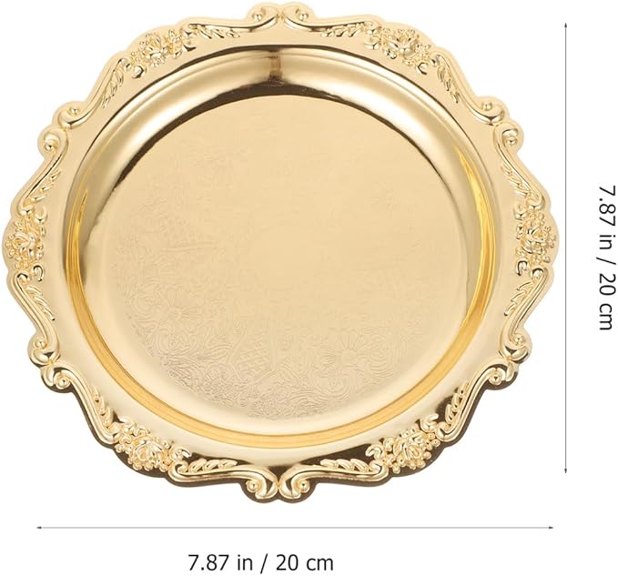 VICASKY 8 Inch Silver Metal Serving Tray - Elegant Platter for Food, Snacks, Jewelry Display & Home Decor, Vintage Style Dessert Tray with Handles (Gold, Heavy Duty)
