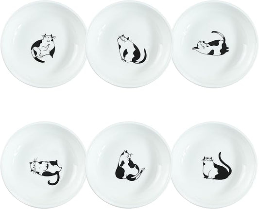 SOCOSY Super Cute Gentleman Cat Ceramic Sauce Dish/Seasoning Dish/Sushi Soy Dipping Bowl/Appetizer Plates/Serving Dish for Kitchen Home(Set of 6)