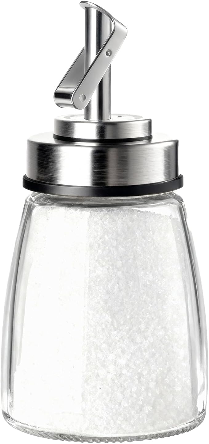 Glass Sugar Dispenser with Stainless Steel Lid, Automatic Pour Spout, Sugar Container for Coffee Bar, Sugar Jar, Sugar Bowl, Salt Shaker, 6OZ