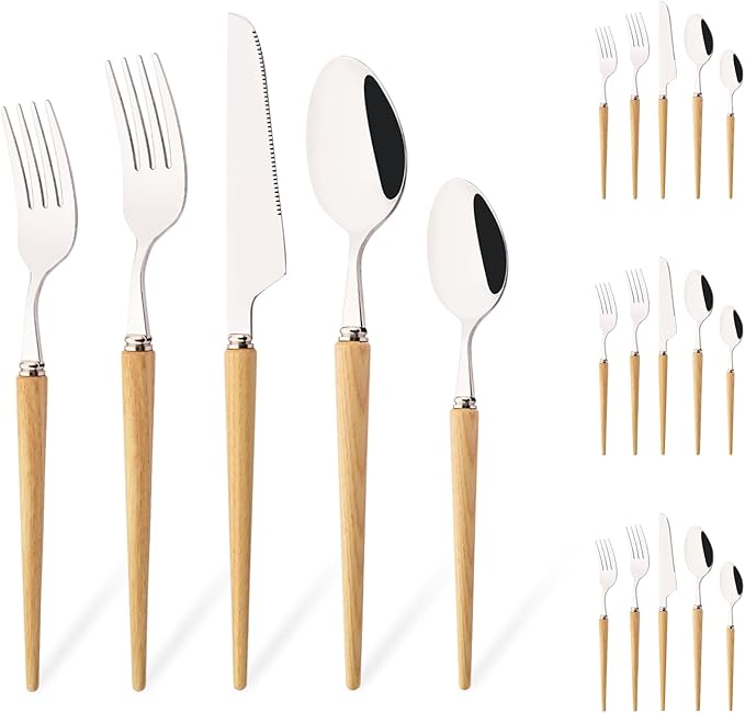 20-Piece Wood Handle Silverware Set 304 Stainless Steel Flatware Set Service For 10, Forks Spoons and Knives Set for Home, Restaurant, Wedding, Party (White Ash Wood)