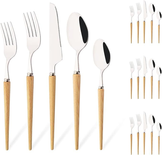 20-Piece Wood Handle Silverware Set 304 Stainless Steel Flatware Set Service For 10, Forks Spoons and Knives Set for Home, Restaurant, Wedding, Party (White Ash Wood)