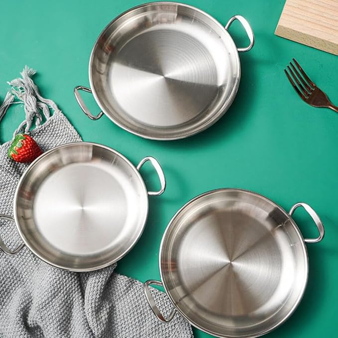Ciieeo Metal Tray Stainless Steel Round Plate Dish Dessert Plate with Double Handles Snack Appetizer Tray Noodle Bowl Salad Serving for Home Restaurant Camping Silver