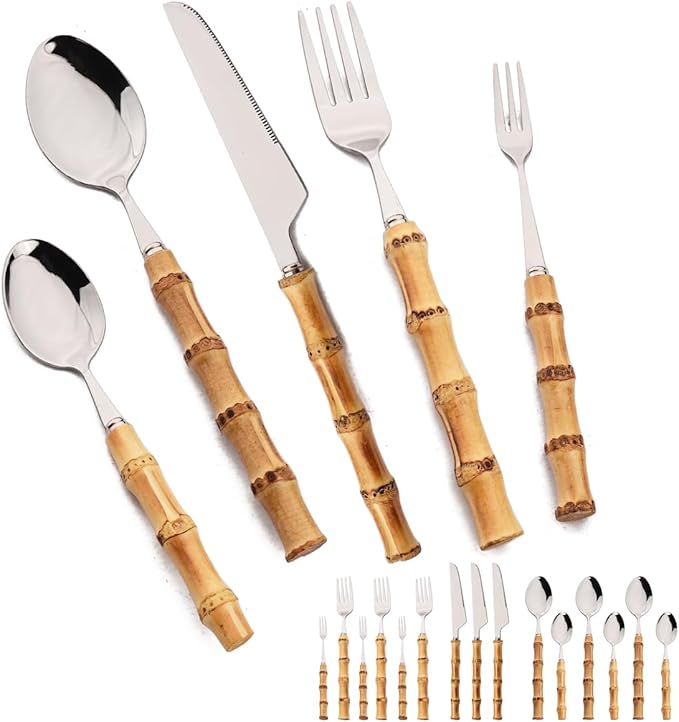 JASHII 20-piece Silver Stainless Steel Flatware Cutlery Set Silverware Knife Fork Spoon Set Bamboo Handle Dishwasher Safe for Dinner Buffet