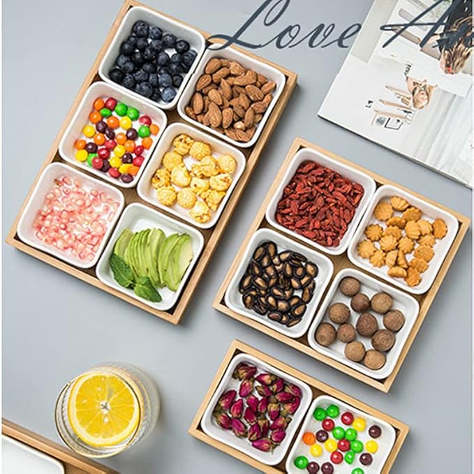 Ceramic Divided Serving Dishes, Serving Tray and Platter Ceramic Condiments Tray with Lids 2 Removable Appetizer Serving Bowls for Chips and Dip Condiment Fruit Veggies Nut Candy and Snacks