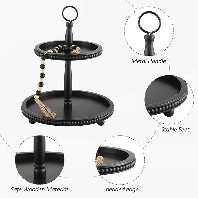 Beaded Tiered Tray Stand, Rustic Wooden 2 Tier Decorative Tray with Bead Garland, Farmhouse Round Wood Serving Tray Counter Centerpiece for Coffee Bar Home Decor Holiday Housewarming Gifts (Black)