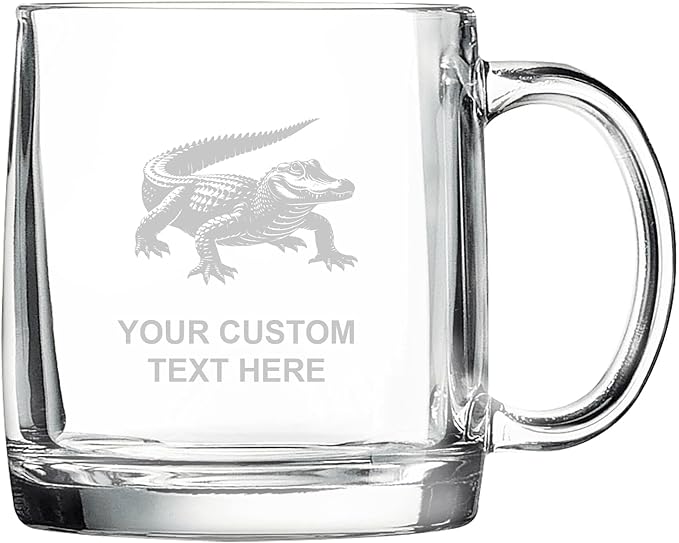 Alligator, Personalized 12.5 oz Polar Camel Glass Coffee Desk Mug – Custom Laser Engraved Clear Cup for Tea, Espresso, Latte, Whiskey - Microwave Safe/Made in USA