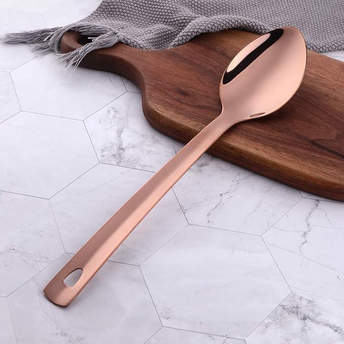 Stainless Steel Serving Spoons: Long Handle Flatware Set of 6 - Large Metal Kitchen Serving Tablespoons for Buffet Banquet 13-Inch Rose Gold