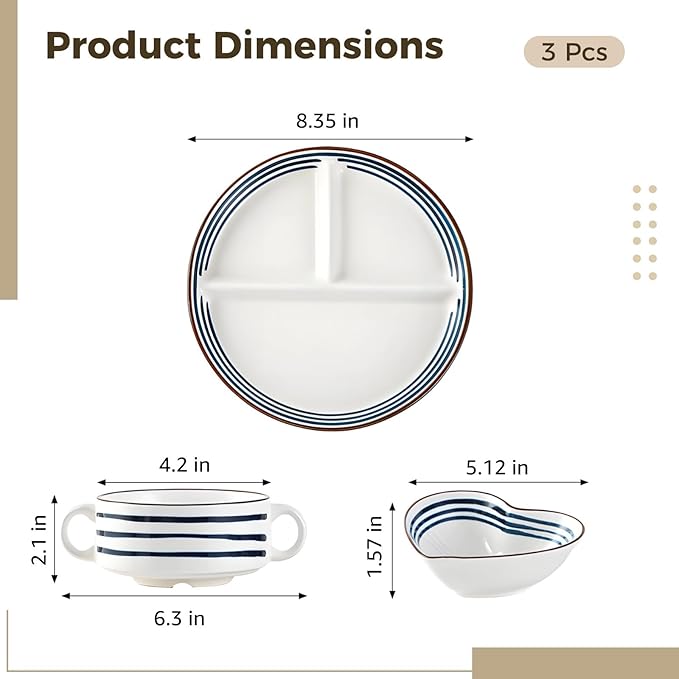 Ceramic Tableware Set, 3 Pieces: Plates, Bowl & Cup, Adult & Kid Design