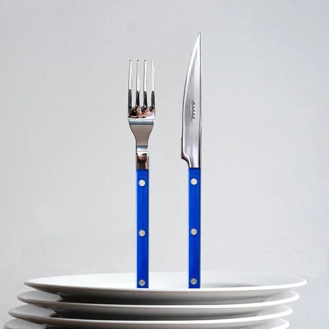 SABRE PARIS - 20-Piece Flatware Set for 4 - Bistrot Collection - Knife, Fork, Soup Spoon, Teaspoon & Dessert Fork - Stainless Steel & Nylon - Dishwasher Safe - Lapis Blue - Shiny Finish