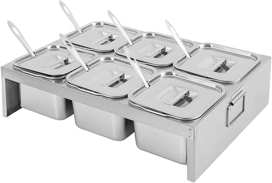 6 Pans Ice Food Serving Display Container, Stainless Steel Serving Tray Catering Supplies Buffet Display Condiment Dispenser Plate Case with Acrylic Replaceable Lids for Restaurant Hotel Kitchen