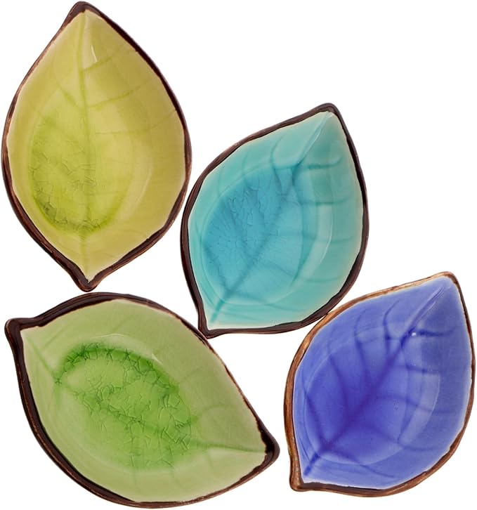 4pcs Leaf-shaped Ceramic Sauce Dishes Multi-use Porcelain Appetizer Plates for Jam Ketchup and Dessert Elegant Crackle Glaze Design for Parties and Home Dining