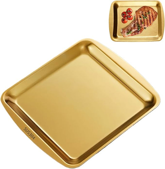 Gold Serving Platters for Coffee Table, 304 Stainless Steel Rectangle Plates, Sizzle Tray for Camping,BBQ,Party,Buffet,Appetizer,Bathroom Supplies, 9.2x8.3Inch
