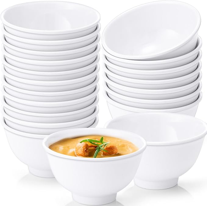 Tioncy 20 Pack 25 oz White Dessert Bowls Set Round Melamine Bowls for Pasta Cereal Rice Soup Snack Candy Ice Cream Pudding Fruit Salad, Dishwasher Safe