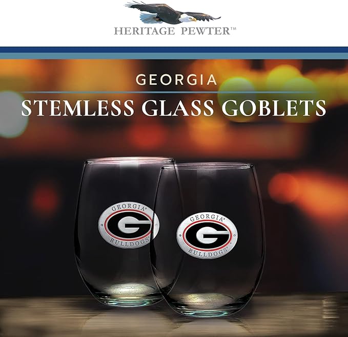 Heritage Pewter Georgia Bulldogs Stemless Glass Goblets – Set of 2 | 15 OZ Goblet Wine Glasses | Expertly Crafted Pewter Glass