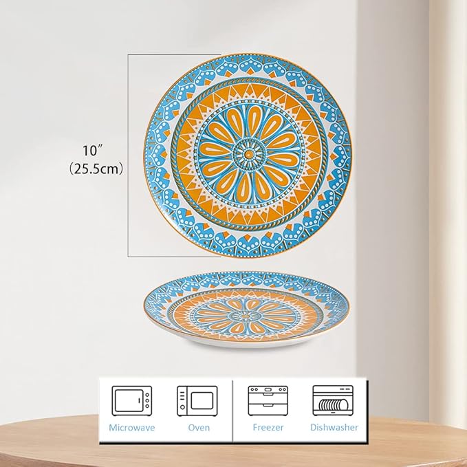 AHX Dinner Plates Ceramic Plate Set - 10 Inch Large Porcelain Round Plate Sets of 6 - Flat Colorful Pattern Dining Plates for Kitchen | Family - Dishwasher | Microwave | Oven Safe