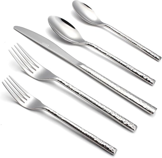 20-Piece Forged Hammered Stainless Steel Flatware Cutlery Set for 4, SXY INOX Includes Dinner Knives,Dinner Forks, Tea Spoons, Dinner Spoons, Salad forks, Mirror Polished - Dishwasher Safe