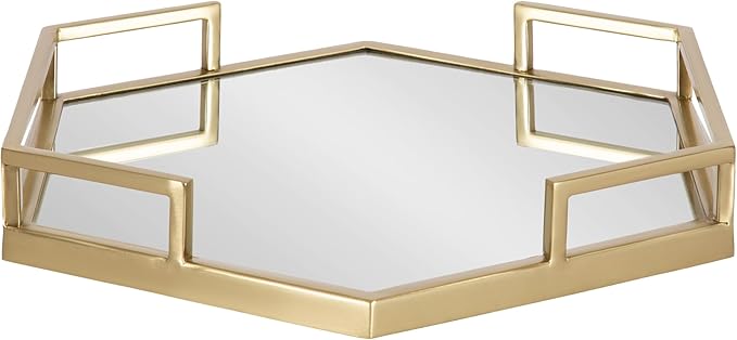 Kate and Laurel Gohana Mirrored Hexagon Tray with Gold Metal Handles, 16 x 18, Mirrored Glass and Gold, Modern Glam Serving Tray with Handles for Living Room Decor