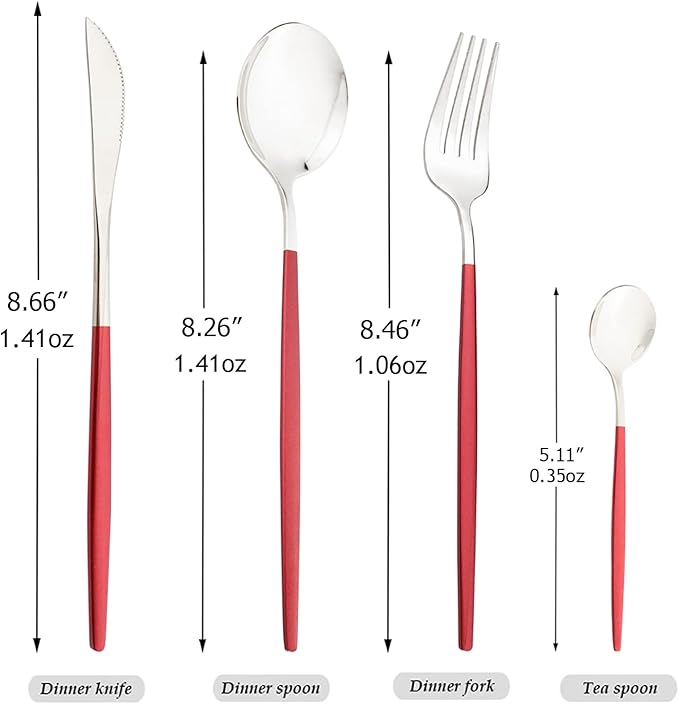 Mirror Cutlery Serving Set, 24-piece 18/0 Stainless Steel Silverware With Red Handle Simple & Modern Tableware For Home Party Restaurant Christmas Dinner, Service For 6 (Red Silver)