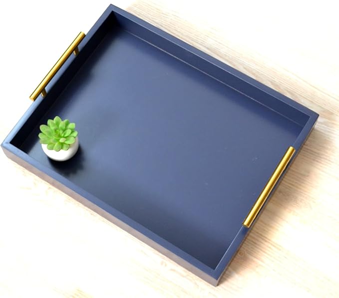 Decorative Tray with Polished Gold Metal Handles, Living Room Bathroom Coffee Bar Organizer Modern Tray for Decorative Accent Tray for Storage and Display (Sea Blue)