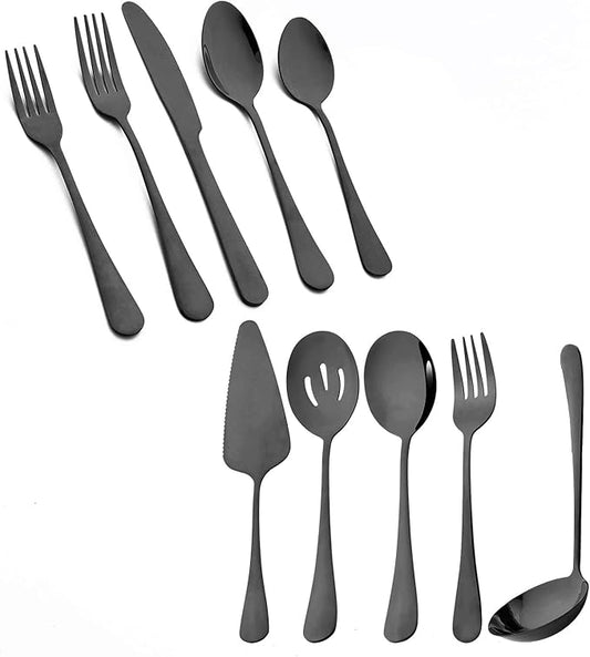 10-Piece Black Flatware Set With Serving Set, 18/0 Stainless Steel Cutlery Set Service For 6, Mirror Polished, Dishwasher Safe