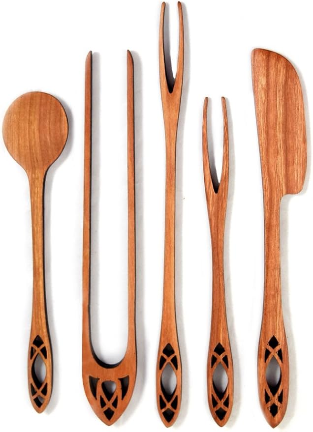 American Made 5-Piece Wild Cherry Wooden Appetizer Serving Set, Cathedral Collection: Olive Fork, Pickle Fork, Spoon, Tongs, Spreader