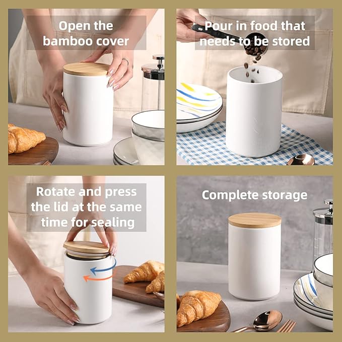 Sweejar Kitchen Canisters Ceramic Food Storage Jar Set, Stackable Containers with Airtight Seal Wooden Lid for Serving Ground Coffee, Tea, Herbs, Grains, Sugar, Salt - Set of 4 (Gray)