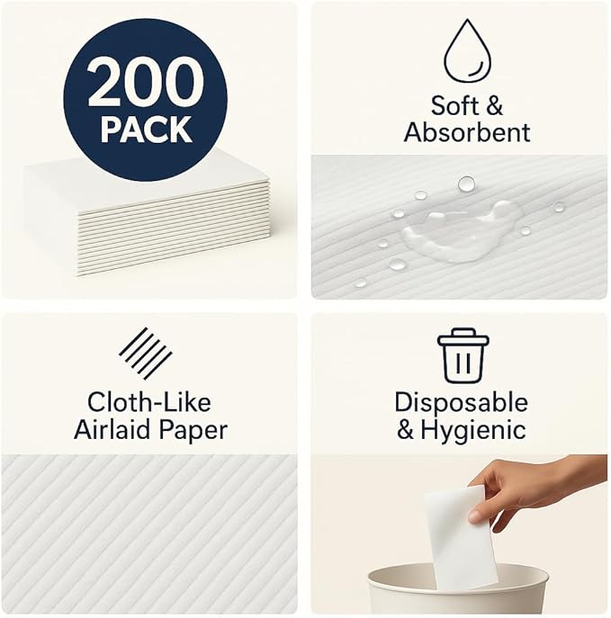 200 Pack Disposable Linen-Feel Guest Towels, Cloth-Like Hand Towels, Soft & Absorbent Airlaid Paper Napkins for Bathrooms, Kitchens, Events, 12” x 17”, White