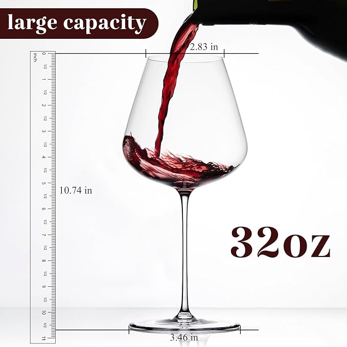Extra Large 32oz Wine Glasses Set of 2 - Hand Blown Red Wine Glasses With Long Stem - Crystal Giant Burgundy Red Wine Glasses Clearer, Thin, Gift Packaging for Mothers Day, Wedding