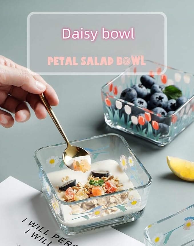 Ivymei Small Dessert Bowl Floral Candy Bowl Candy Dish,Mini Square Glass Bowl for Snack Yourt Icecream,Dipping,Side Dishes (white)