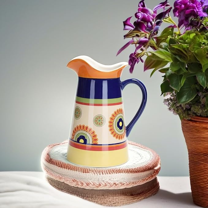 Bico Tunisian Ceramic 2.5 Quarts Pitcher with Handle, Decorative Vase for Flower Arrangements, Dishwasher Safe