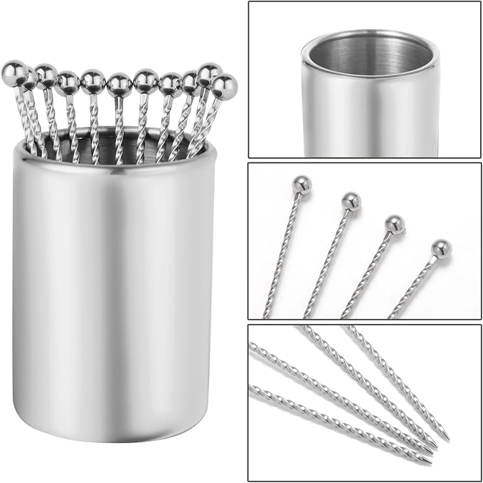 Metal Cocktail Picks 12Pack+Holder Kit, 304 Stainless Steel Toothpicks, Reusable Cocktail Skewers, Garnish Picks Bloody Mary Skewers, Martini Picks for Olives Appetizers Fruit (Thread Silvery)