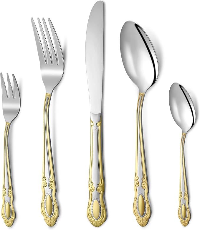 Coume 40 Pcs Gold and Silver Flatware 18/10 Stainless Steel Flatware Set for 8 Fork and Spoon Silverware Set Gold Silver Utensils for Wedding Family Gatherings Hotel, Dishwasher Safe