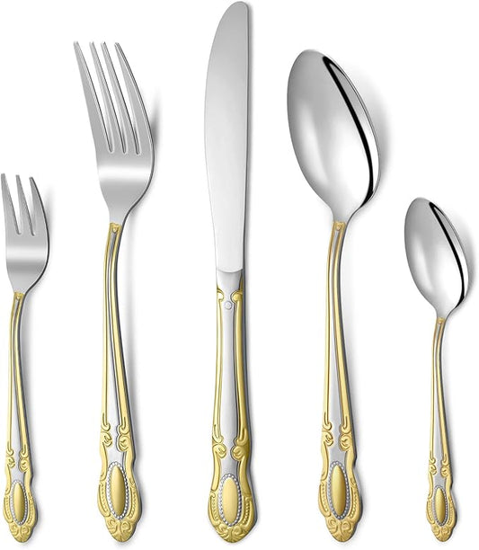 Coume 40 Pcs Gold and Silver Flatware 18/10 Stainless Steel Flatware Set for 8 Fork and Spoon Silverware Set Gold Silver Utensils for Wedding Family Gatherings Hotel, Dishwasher Safe
