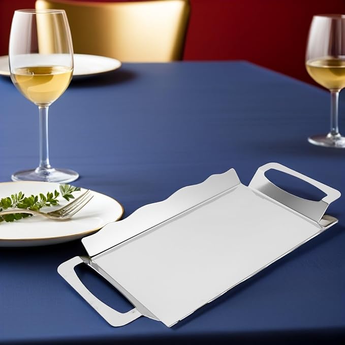 BESPORTBLE Rectangular Stainless Steel Serving Tray with Handles, Medium Silver Chrome Plated Double-Ear Platter 28x15.3cm for Tea, Coffee, Buffet, and Party Serving