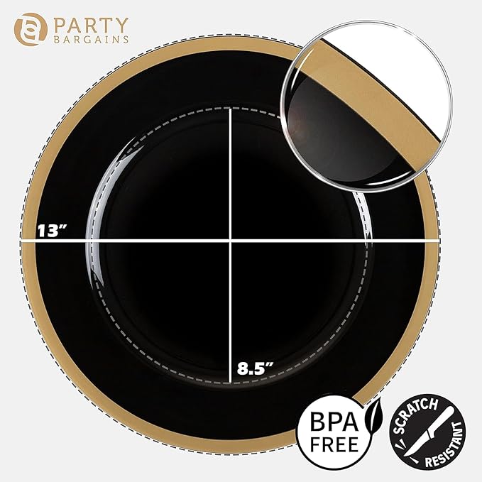 PARTY BARGAINS 13-Inch Charger Plates - 16 Pack, Black Gold Rim, Heavy-Duty Disposable Chargers for Elegant Dining - Ideal for Weddings and Formal Events