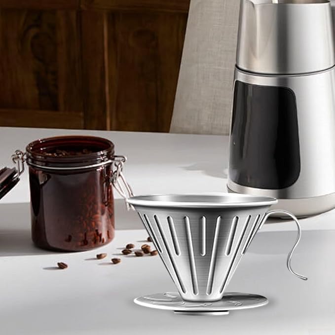 Stainless Steel Coffee Dripper with Holder, 304 Grade Filter Cup for Pour Over Coffee, Versatile Strainer for Home and Camping(S)