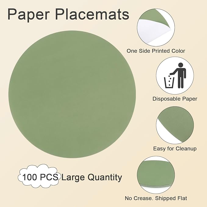 SHACOS 100 PCS Round Paper Placemats 13 inch Disposable Paper Place Mats for Dinner Wedding Birthday Party Festival Table Decoration Indoor Outdoor, Sage Green
