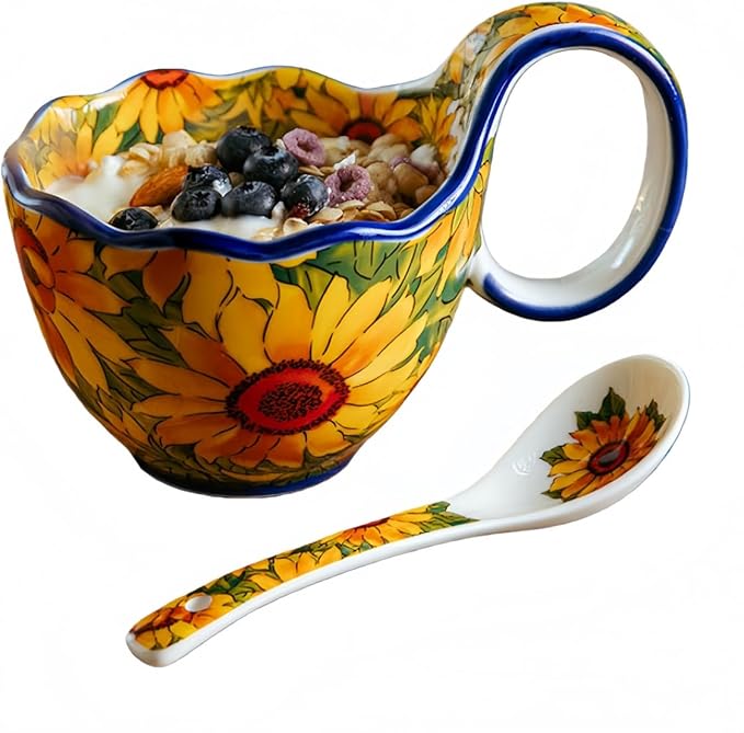 16.91oz/500ml Handpainted Soup Bowl with Handle,Ceramic Cereal Bowl Microwave &Dishwasher Safe,Loop Handle Bowl Great for Soup,Yogurt,Snack,Chip,Stew,Ice Cream,Coffee (Sunflower)