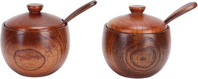 2 Set Condiment Jar, Retro Wooden Condiment Jar Spice Container with Lid and Spoon for Home Restaurant Kitchen, Sugar Bowl with Lid and Spoon, Canisters Pots Seasoning Box Salt Container