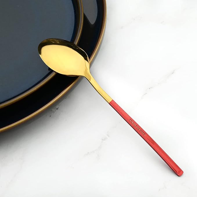 24 Piece Mirror Golden Plated 18/0 Stainless Steel Flatware Set, Red Handle With Golden Mouth Silverware Set With Teaspoon Cutlery Set Service for 6