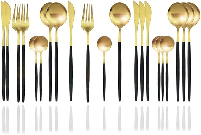 JASHII Matte Silverware Set, 24-Piece Stainless Steel Flatware Cutlery Set for 6, Ideal for Home Wedding Festival Party, Dishwasher Safe (Black Handle Gold)