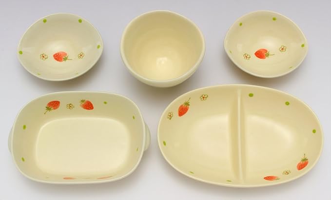 Kiln Original SOUSEN Medium Plate, White, Set in Box, Seto Ware Tableware Gift Set, Fruit (Strawberry) Pattern, 5 Pieces