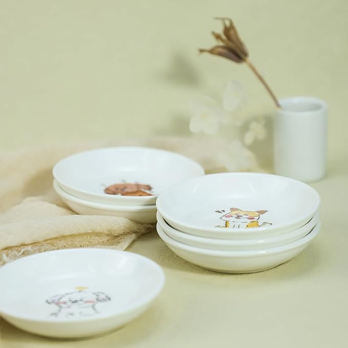 SOCOSY Super Cute Cartoon Animals Ceramic Sauce Dishes, Seasoning Dishes, Little Cat Dog Bird Feeding Bowls, Sushi Soy Dipping Bowls, Appetizer Plates, Dessert Plates, Set of 6-Cartoon Dog-3.5 Inch