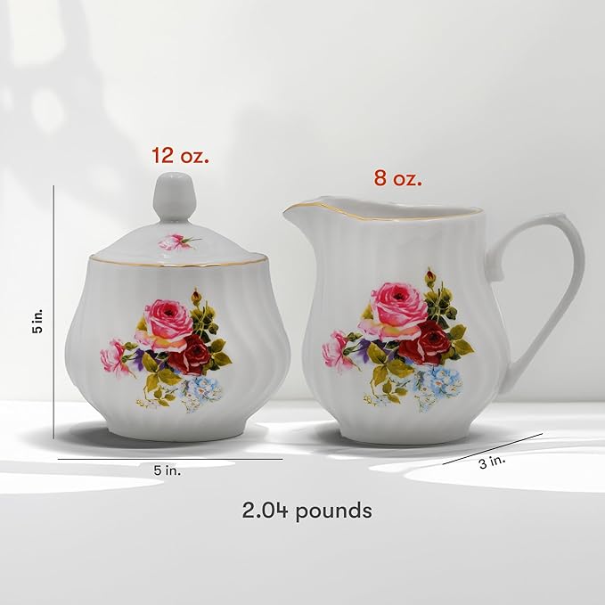 Sugar and Creamer Set - Porcelain Sugar and Creamer Vintage Tea Set with Gold Trims & Embossed Swirls - Exquisite Fine China Tea Set for Parties & Celebrations - Philomena set by Lynns