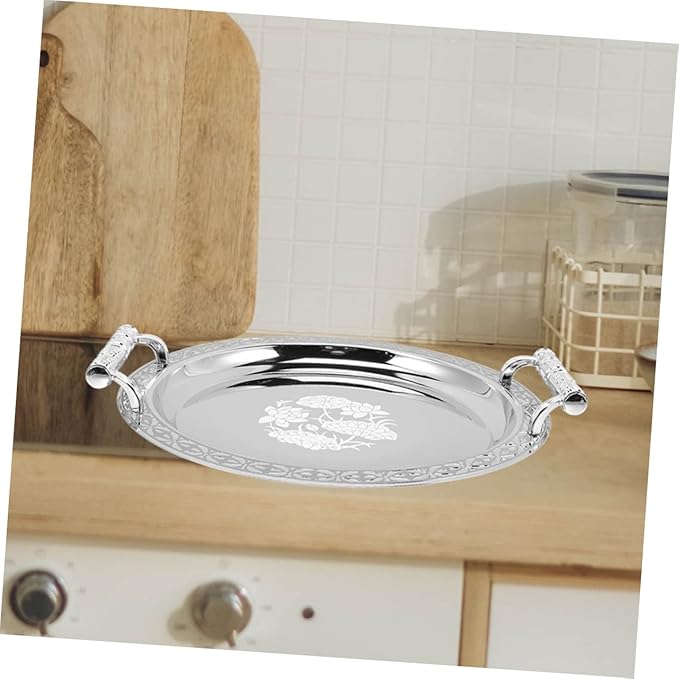 European Style Round Serving Tray Elegant Snack Plate for Fruits Desserts and Treats Multi-Functional Dish for Home and Events Silver Pattern Design