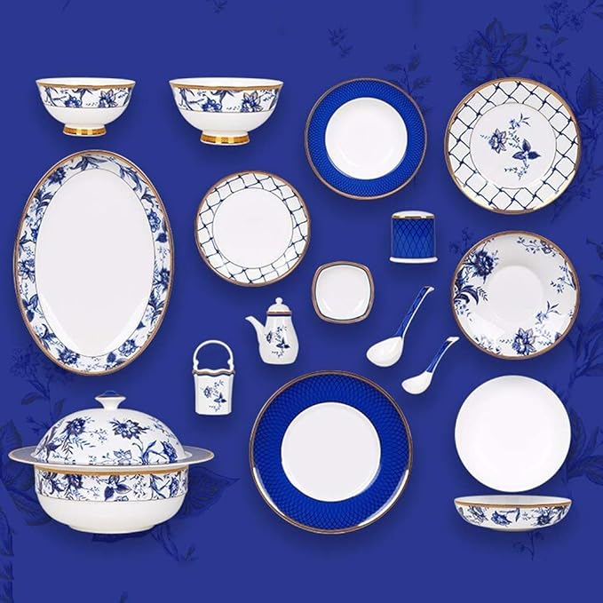 Porcelain Dinner Set Home Tableware Set Ceramics Dinner Sets, 60 Pieces Upscale Bone China Dinnerware Set Plate/Bowl/Soup Pot - Blue and White Porcelain Combination Set for Family